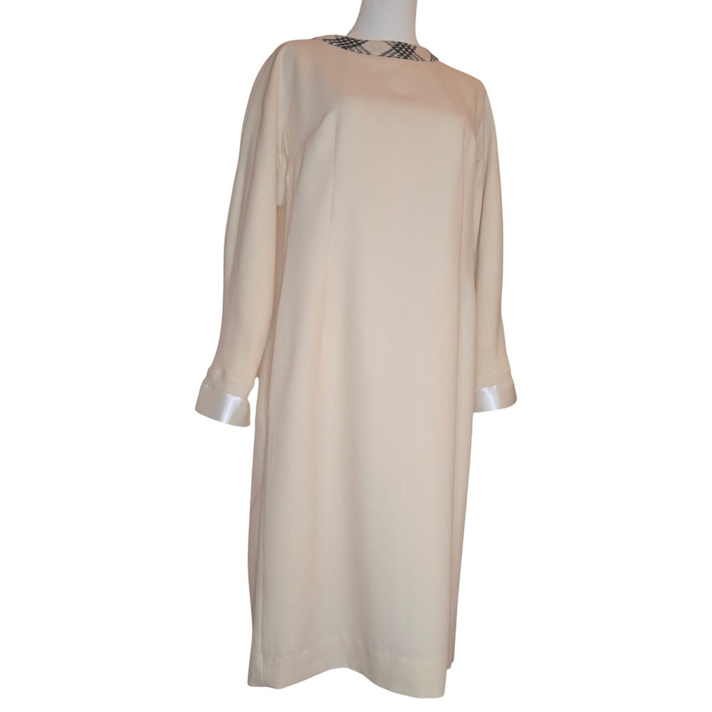 Vintage 1950s Custom Ivory Shift Dress Lagenlook‎ Mod Satin Cuffs Lined